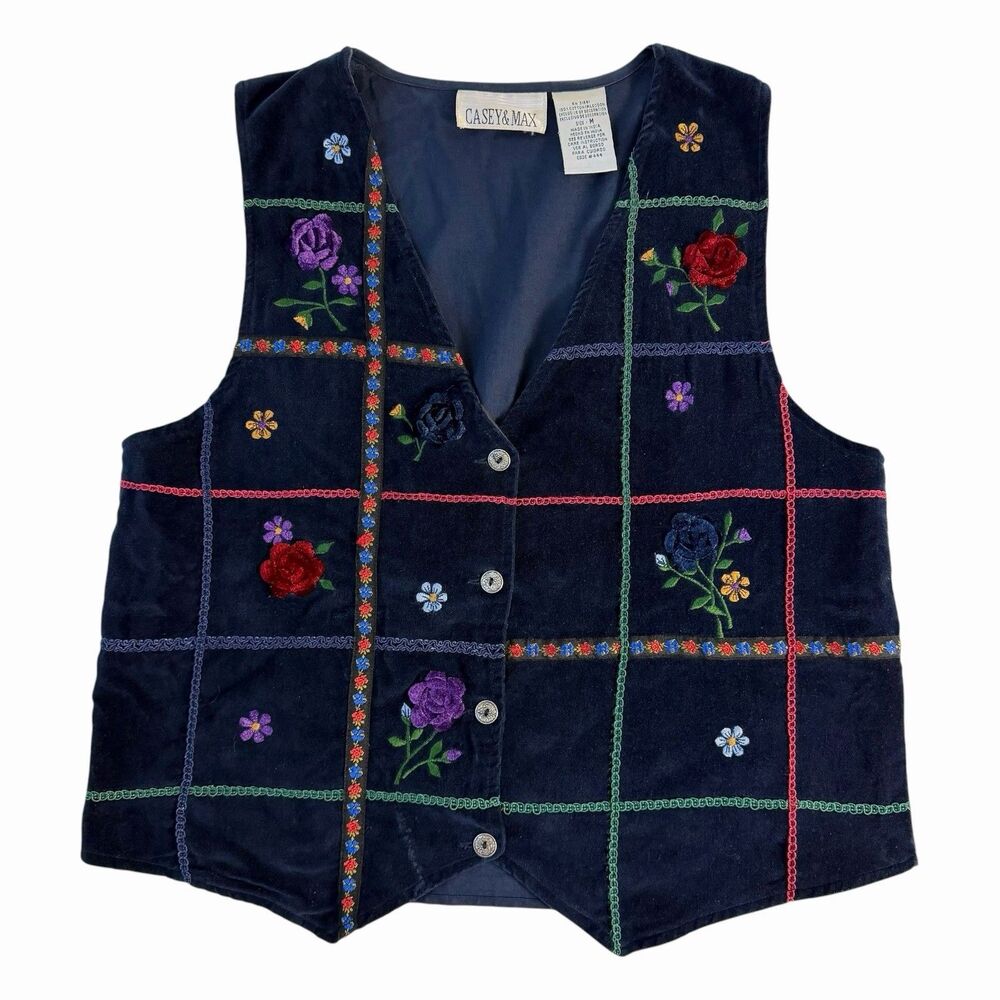 Vintage 90s Navy Blue Velvet Floral Embroidered Boho Cottagecore Vest Medium